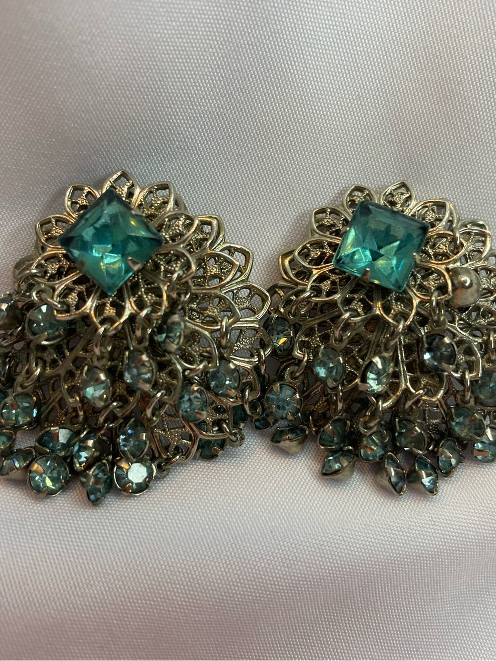 Vintage Teal Crystal Chandelier Clip on style Earrings - Women's Jewelry - Picture 2 of 4